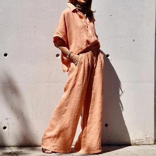Two Piece Pant Sets Women Shirt Tops Cardigan Wide Leg Pants Solid Single Breasted Full Sleeve Blouses Casual Spring Summer