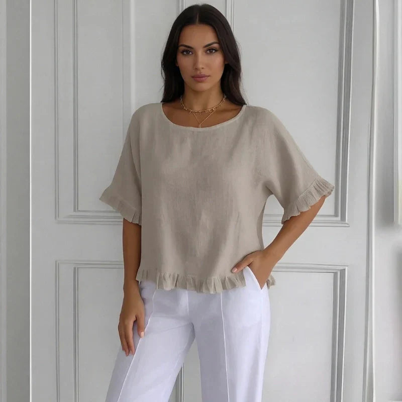 Summer New Seven-quarter-sleeved Women's Round Neck Loose T-shirt Fashionable Solid Color Breathable Lace Top Ladies Clothes