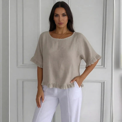 Summer New Seven-quarter-sleeved Women's Round Neck Loose T-shirt Fashionable Solid Color Breathable Lace Top Ladies Clothes