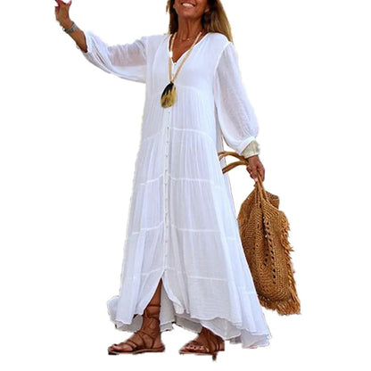 Women's Long Sleeve Dresses 2025 Summer Autumn Cotton Linen Long Dress Vestido Azules Vestido Playa Mujer Vestido Largo