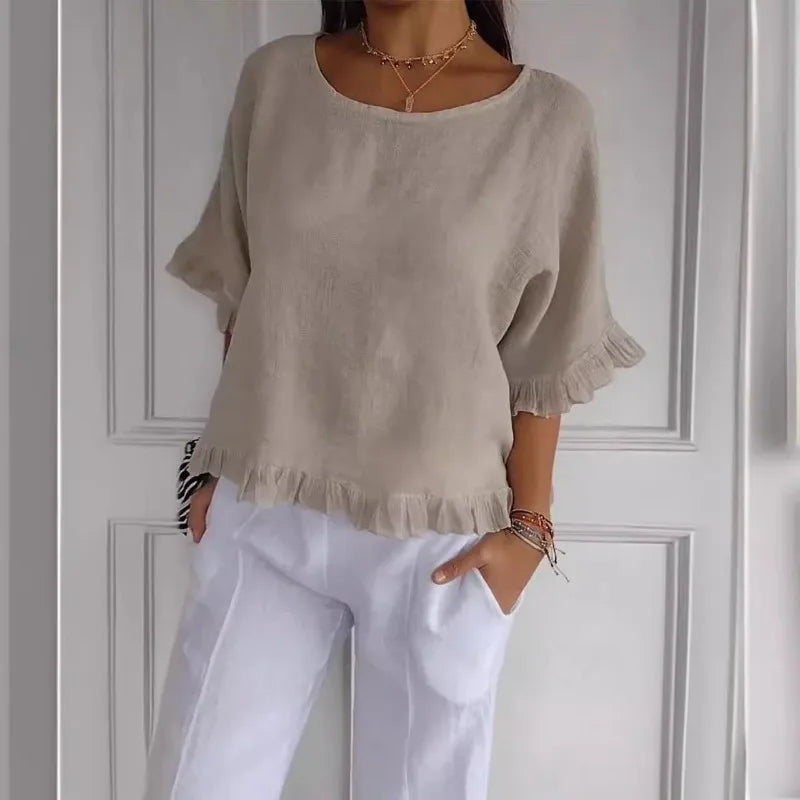 Summer New Seven-quarter-sleeved Women's Round Neck Loose T-shirt Fashionable Solid Color Breathable Lace Top Ladies Clothes