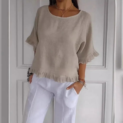 Summer New Seven-quarter-sleeved Women's Round Neck Loose T-shirt Fashionable Solid Color Breathable Lace Top Ladies Clothes