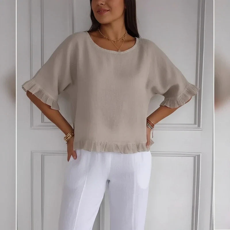 Summer New Seven-quarter-sleeved Women's Round Neck Loose T-shirt Fashionable Solid Color Breathable Lace Top Ladies Clothes