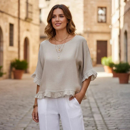 Summer New Seven-quarter-sleeved Women's Round Neck Loose T-shirt Fashionable Solid Color Breathable Lace Top Ladies Clothes