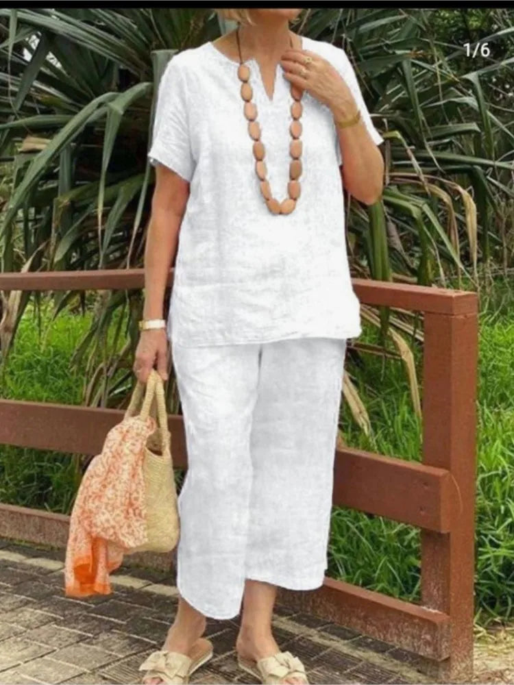Women's Cotton Linen Summer 2Pcs/Sets Suit 2024 Casual Loose V-neck Short Sleeve Wide Leg Pants Solid Color Fashion Ladies Suit