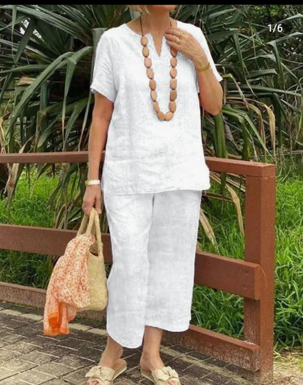 Women's Cotton Linen Summer 2Pcs/Sets Suit 2024 Casual Loose V-neck Short Sleeve Wide Leg Pants Solid Color Fashion Ladies Suit