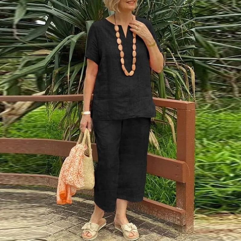 Women's Cotton Linen Summer 2Pcs/Sets Suit 2024 Casual Loose V-neck Short Sleeve Wide Leg Pants Solid Color Fashion Ladies Suit