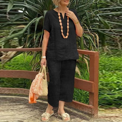 Women's Cotton Linen Summer 2Pcs/Sets Suit 2024 Casual Loose V-neck Short Sleeve Wide Leg Pants Solid Color Fashion Ladies Suit